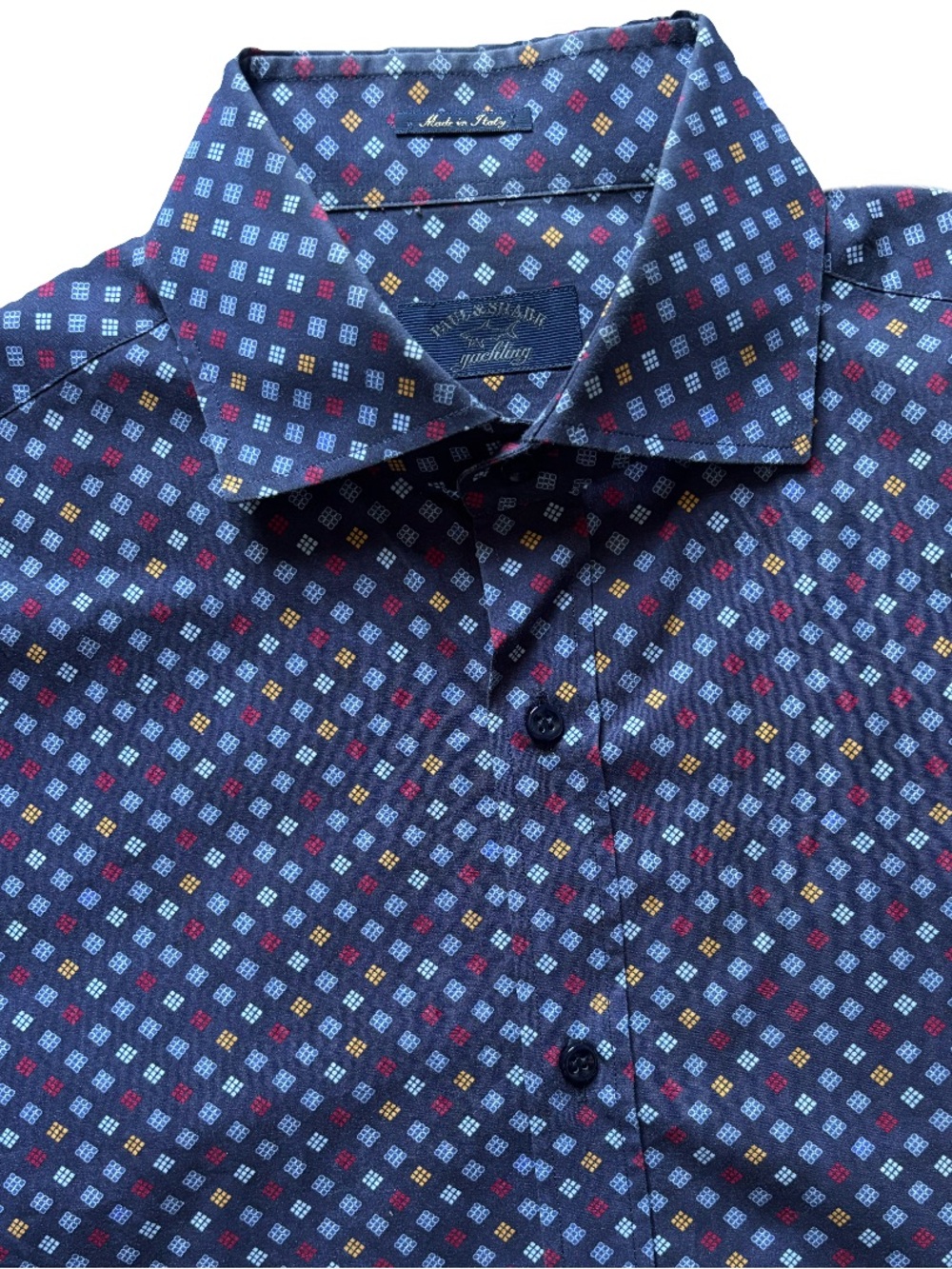 Paul & Shark Geometric Pattern Button Up Long Sleeve Shirt Navy Size Large